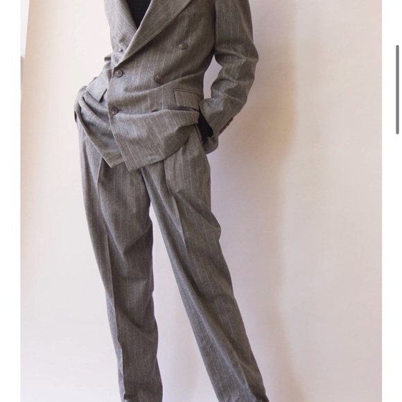 VTG 90s Ralph Lauren Chalk Pinstripe Suit chocolate  Wool Peak Lapel DBLBreasted - Picture 2 of 16